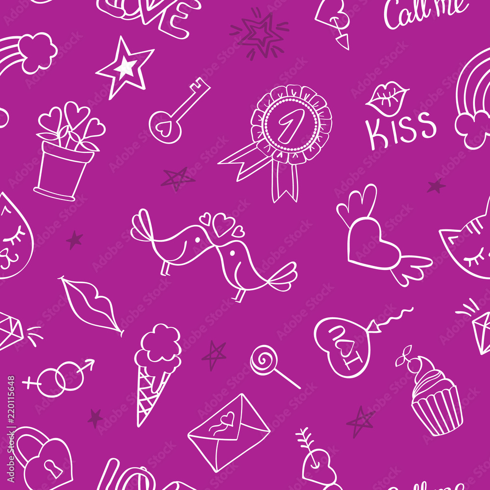 Seamless pattern with hand drawn girly doodles. Repeating background with childish sketch design elements for textile, wallpaper, scrapbooking. Seamless pattern with hand drawn girly doodles. Repeating background with childish sketch design elements for textile, wallpaper, scrapbooking.