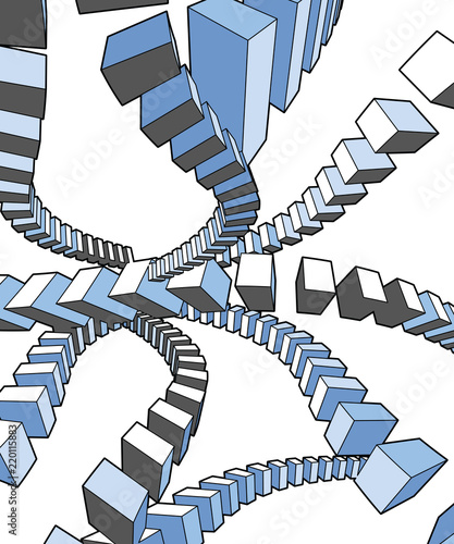Backdrop illustration of chains of blocks winding along different pathways.