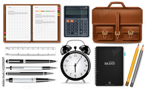Office supplies set Vector realistic. Alarm clock, calculator, bag, note book and pen tools. Detailed 3d illustrations