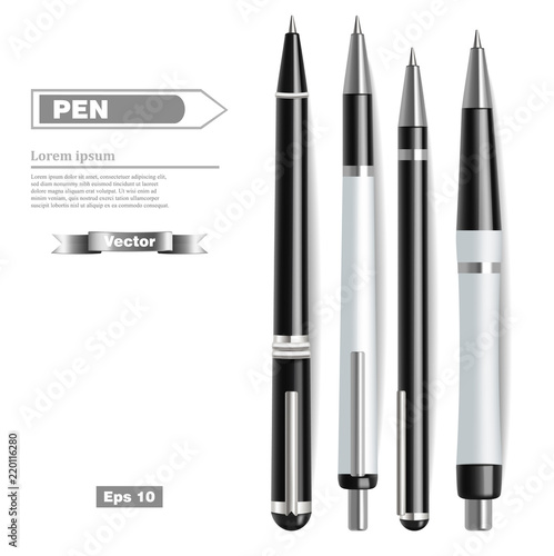 Classic pen set Vector realistic. Product supplies mock up. 3d detailed illustration. Silver shinny colors