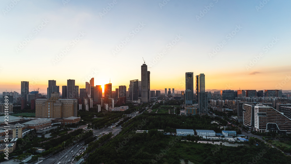 Aerial view of modern cityscape sunset in Nanjing, China
