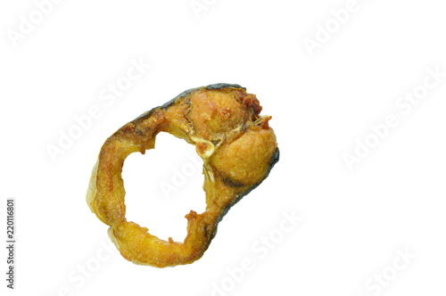 fried salty striped catfish slice on white background photo