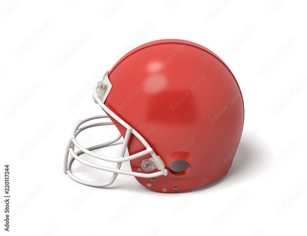 Fototapeta premium 3d rendering of a red American football helmet with a white protective grid on a white background.