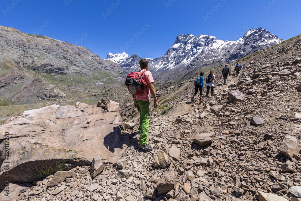 Trekking inside Andes valleys, central Chile at Cajon del Maipo, Santiago de Chile, amazing views over mountains and glaciers with awesome hikings