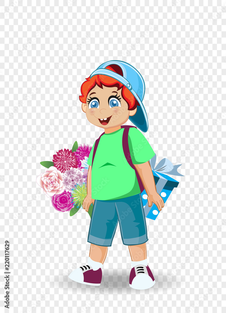 Vector illustration of cute little boy with flowers and present Vector illustration of cute little boy with flowers and present