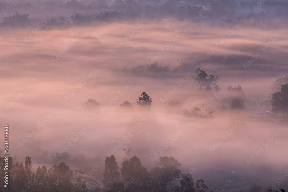 Beautiful sunrise and foggy mountain view at Doi Ang Khang,Chiang Mai,Thailand.