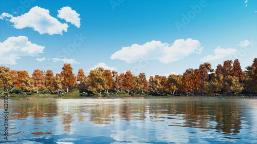 Calm forest lake or pond with scenic colorful autumn trees at the shore under bright daytime sky with clouds. Fall season landscape 3D illustration.
