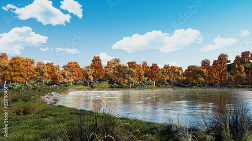 Serene autumn scene with scenic colorful trees on the shore of calm forest lake or pond at sunny day. With no people fall season 3D illustration.
