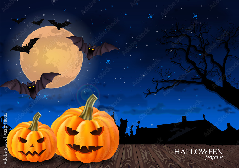 Halloween card background with full moon and pumpkins Vector