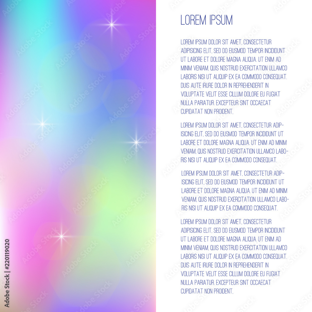 Template for a booklet with a holographic background and space for text. Holographic abstract background with stars.