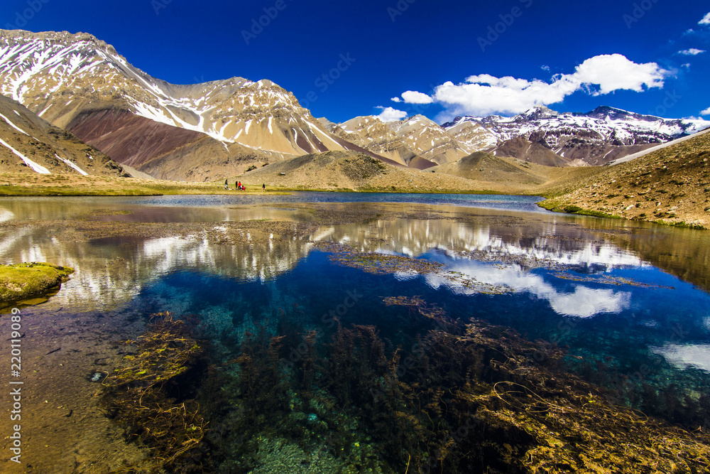 Obraz premium Los Patos Lagoon at Central Andes mountain range an amazing representation of the typical andean landscape at Santiago de Chile with amazing views over the southern 6,000m mountain Cerro Marmolejo