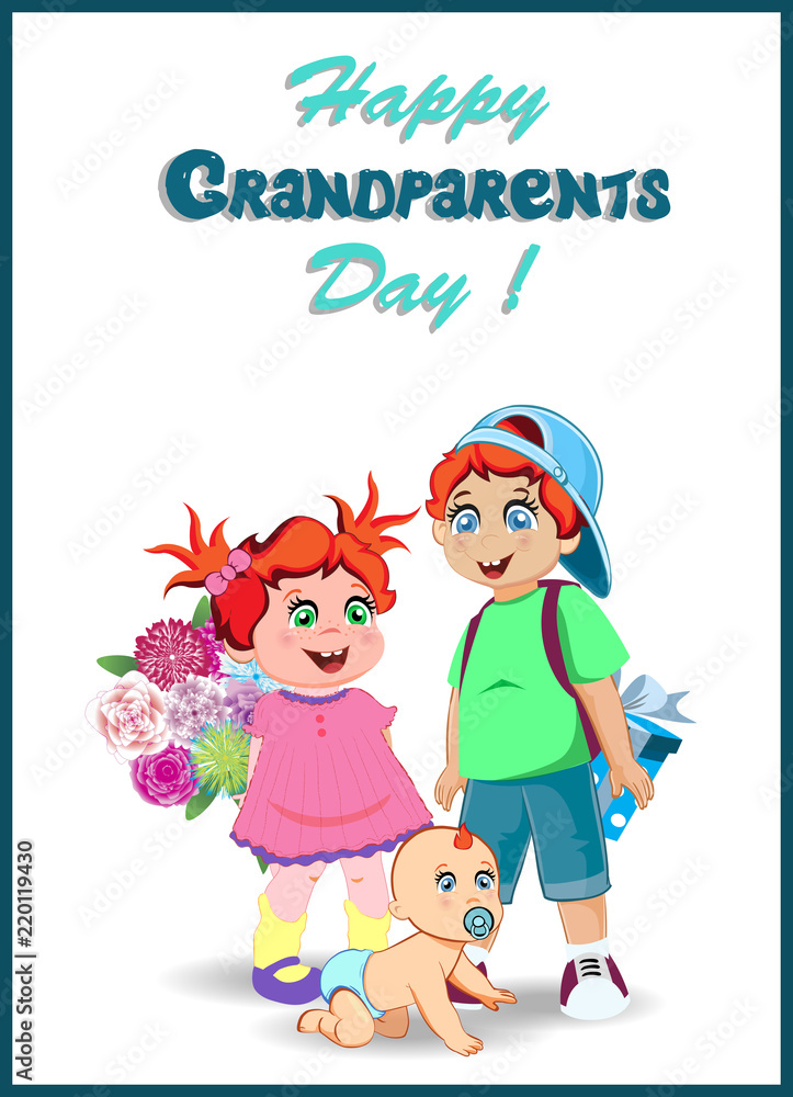 grandchildren with bunch of flowers and presents for grandparents day celebration