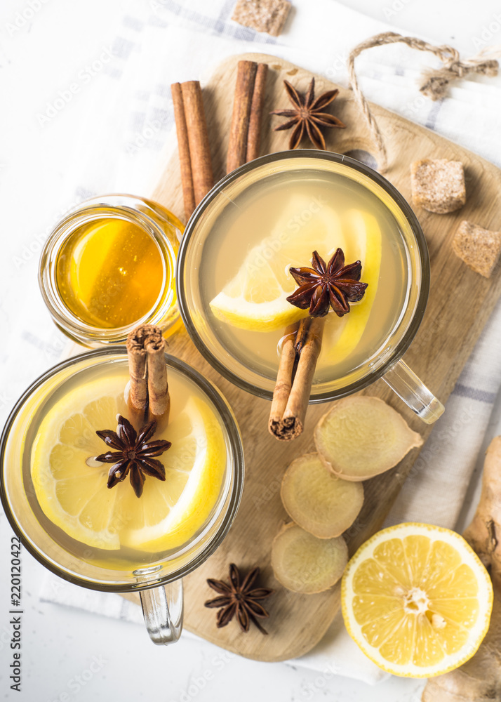 Hot Ginger tea with lemon, honey and spices. Hot Ginger tea with lemon, honey and spices.