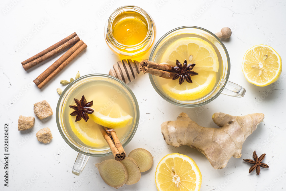 Hot Ginger tea with lemon, honey and spices. Hot Ginger tea with lemon, honey and spices.