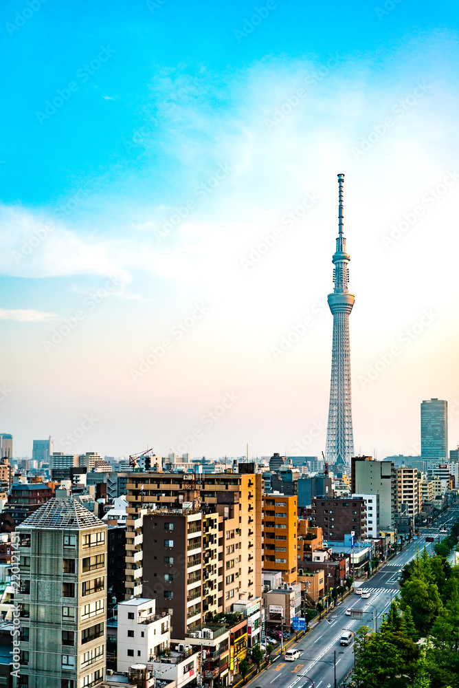 Obraz premium Kinshicho, Tokyo/Japan - June 22, 2018: The Main Street to Tokyo Skytree at sunrise on LOTTE CITY HOTEL