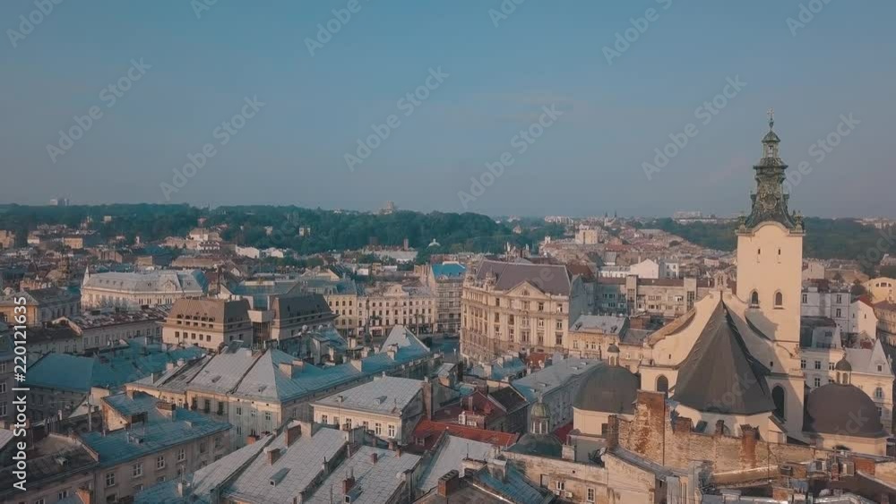 LVOV, UKRAINE. Panorama of the ancient city. The roofs of old buildings. Aerial view LVOV, UKRAINE. Panorama of the ancient city. The roofs of old buildings. Aerial view