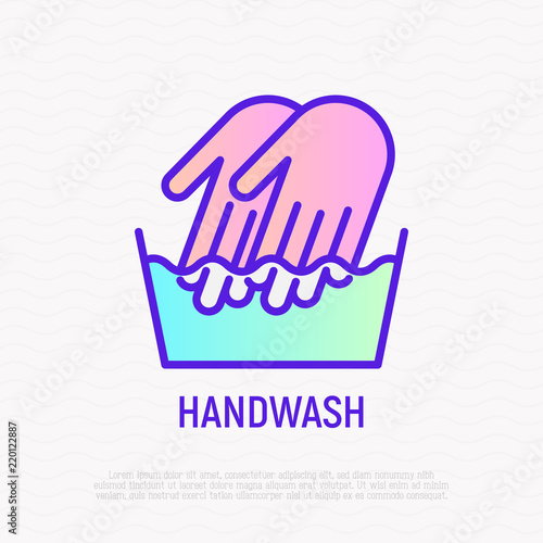 Handwash symbol: two hands in wash bowl. Thin line icon. Modern vector illustration.