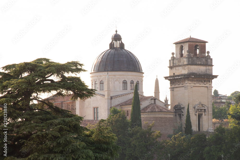 Exterior of the Church of San Giorgio, Verona, Italy. View of the twelfth century bell tower and the copper dome by Sanmicheli