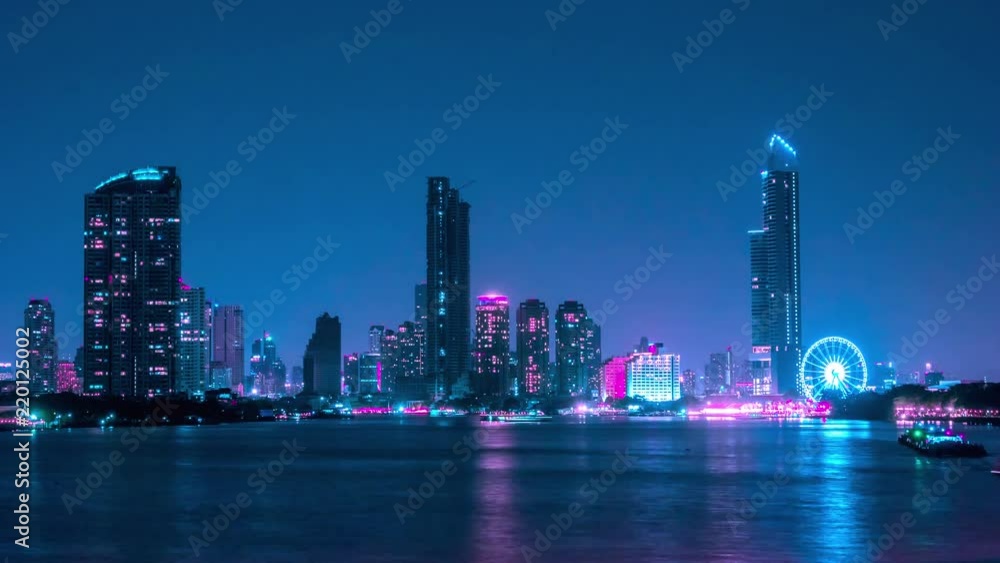 4k time lapse, atmosphere of Bangkok at Chao Phraya River at night
