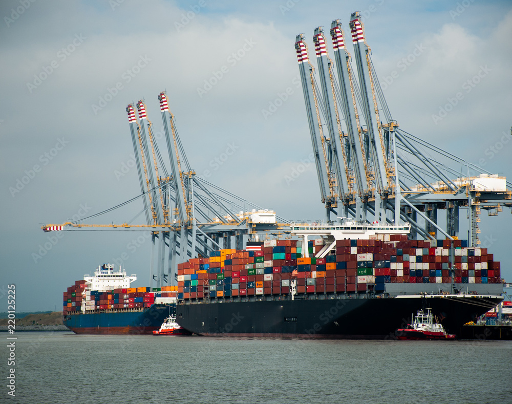 Fototapeta premium TILBURY DOCKS, RIVER THAMES RIVER, LONDON/UNITED KINGDOM - 11 June 2018, Large container ship docking