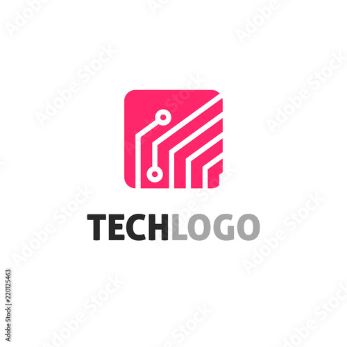 Tech logo vector illustration, red color technology logotype with circuit or electronic board symbol