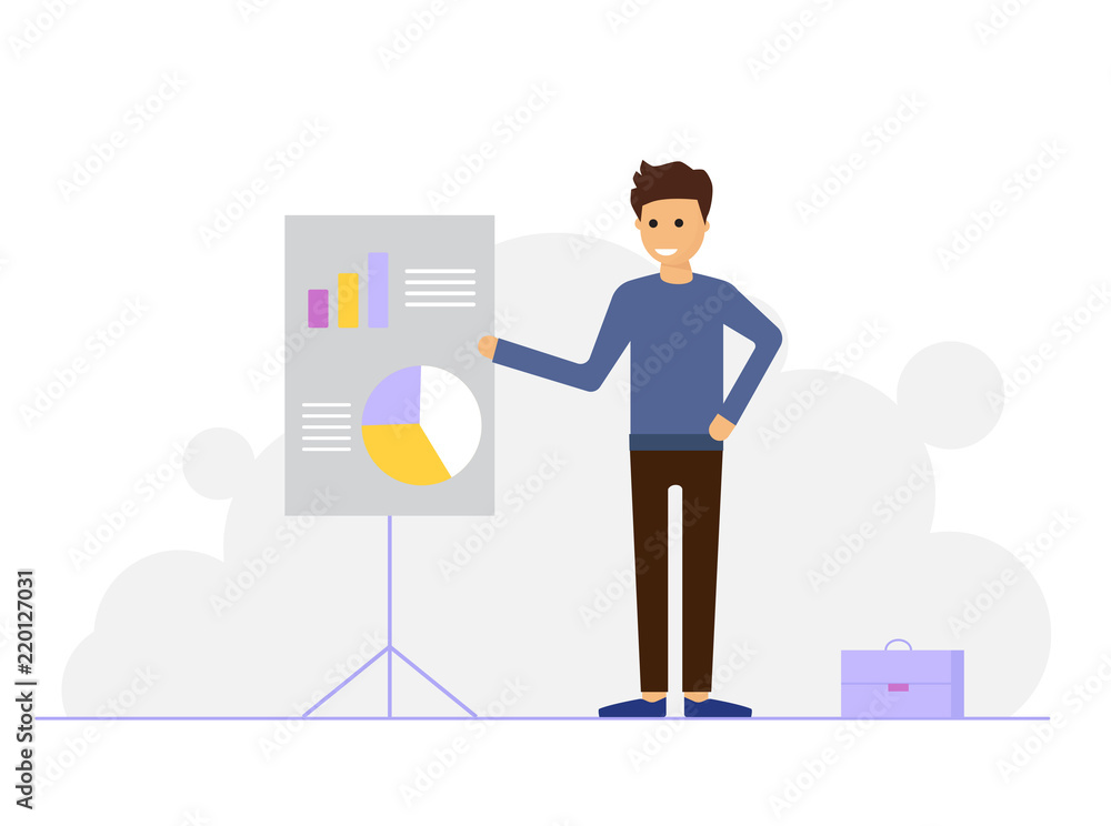Businessman standing near flip chart and pointing graph and diagram.