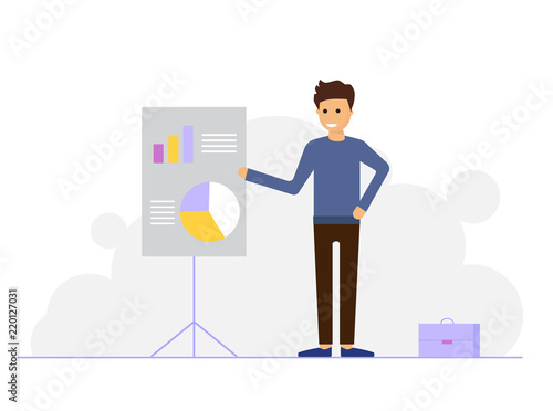 Businessman standing near flip chart and pointing graph and diagram.