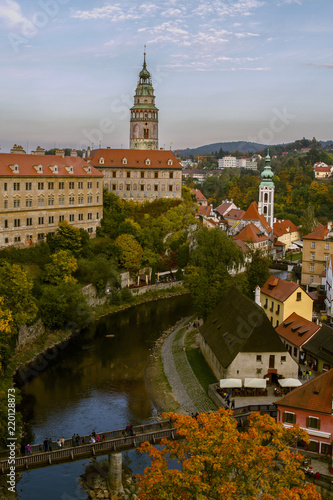 View to Cesky Krumlov and river Vltava, view of the city from the top in the sunny autumn day. Czech Republic. Historical town. UNESCO World Heritage.