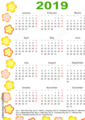 Kalender 2019 für die USA mit Markierung und Auflistung der gesetzlichen Feiertage umrandet mit bunten Blumen