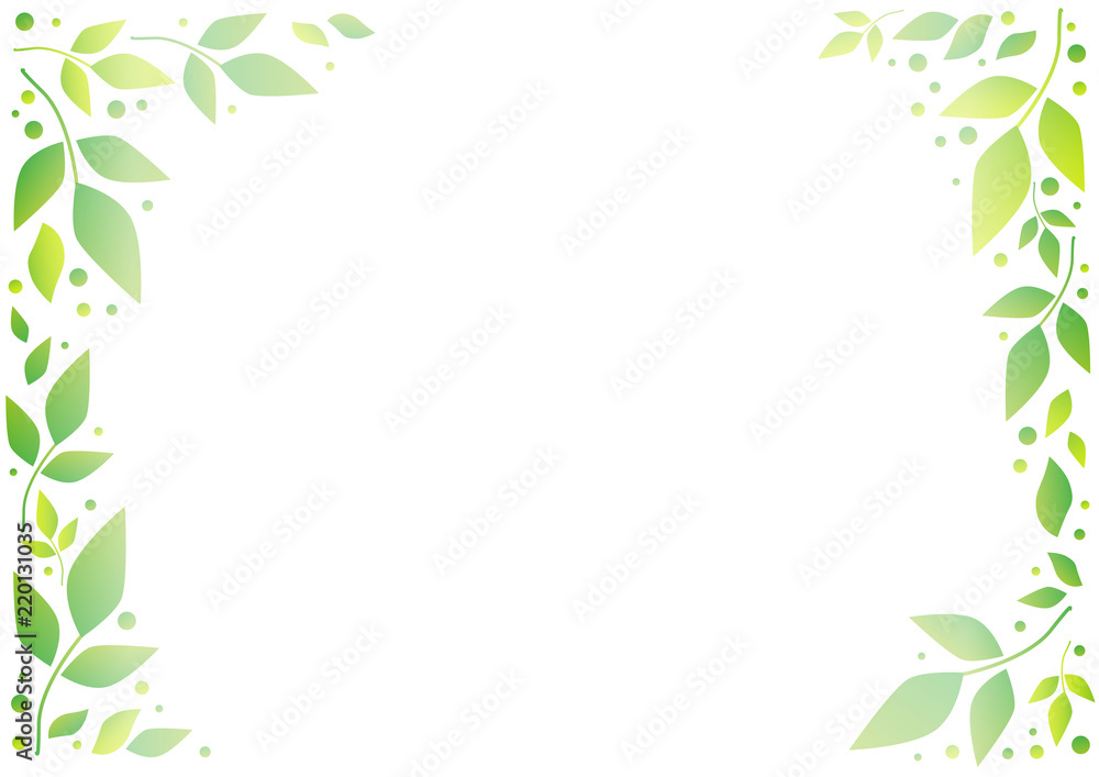 Fototapeta premium White background with decorative frame of green leaves and dots for decoration, wedding invitation, greeting card, text, family tree, cover, poster, banner, letter, certificate, scrapbooking