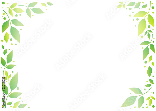 White background with decorative frame of green leaves and dots for decoration, wedding invitation, greeting card, text, family tree, cover, poster, banner, letter, certificate, scrapbooking