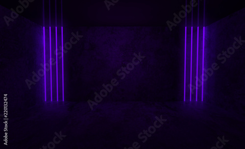 Background of an empty room at night with smoke and neon light. Dark abstract background. Background of an empty show scene