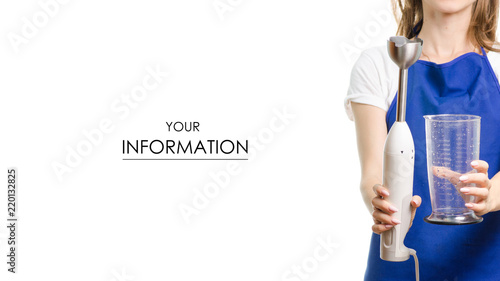Beautiful woman in apron with a submerged blender in hands pattern on a white background isolation