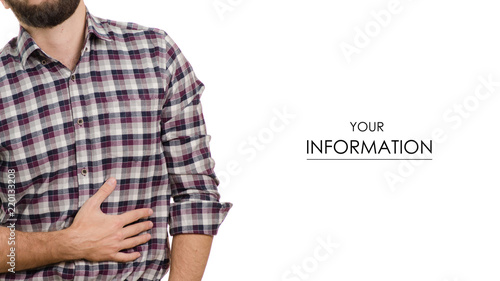 Man with abdominal pain pattern on white background isolation