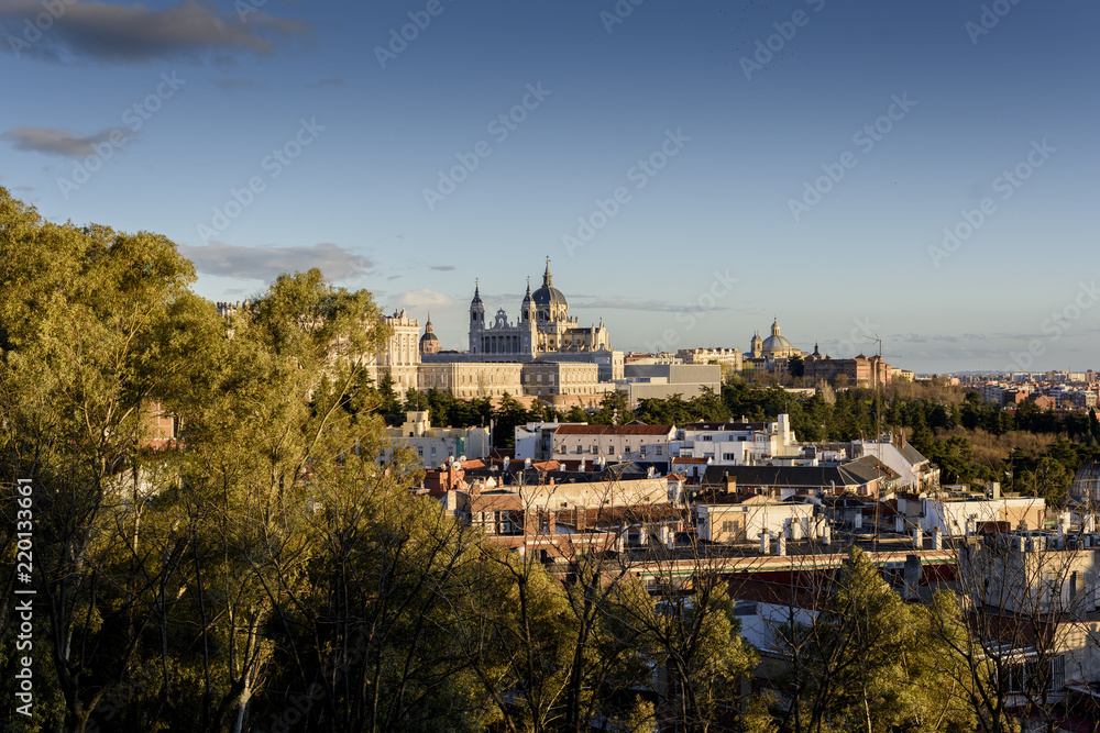 sunset view of Almudena Cathedral in Madrid, Spain.