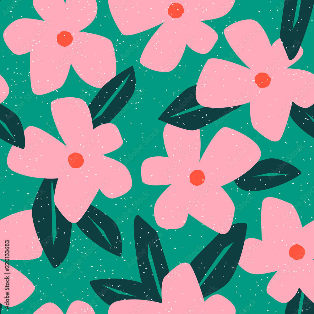 Simple seamless pattern with cute flowers. Abstract floral background. Vector illustration for design, fabric and print. Craft stamp style.