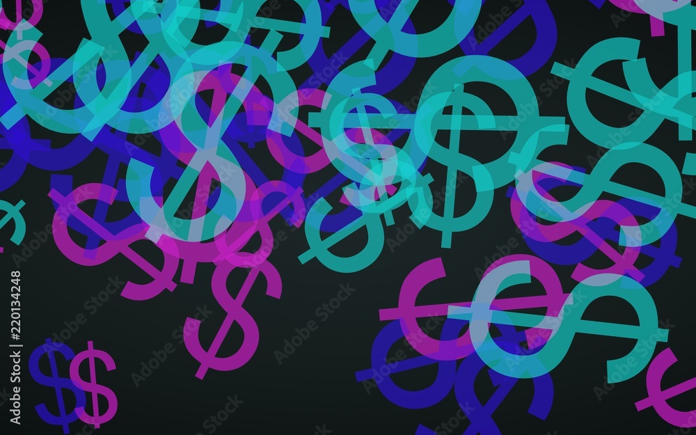 Multicolored translucent dollar signs on dark background. Green tones. 3D illustration Multicolored translucent dollar signs on dark background. Green tones. 3D illustration