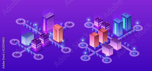 Future 3d futuristic isometric city from smart business technology, digital modern concept background, street design building on an urban house of cityscape.