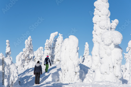 Two women walks in the snowy forest in Koli National Park in Finland photo