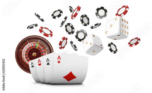 Playing cards and poker chips fly casino. Casino roulette concept on white background. Poker casino vector illustration. Red and black realistic chip in the air. Gambling poker mobile app icon.