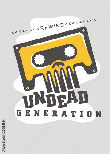 Retro t shirt print design with audio tape and skull image. Eighties nostalgia poster idea. Dance and music theme.