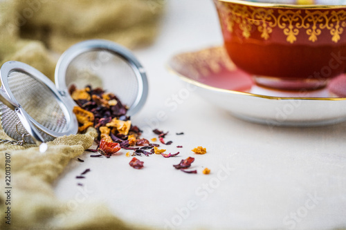Photography Royal Albert Fine Bone China Red Tea Cup and Saucer with Herbal Tea and Tea Infu