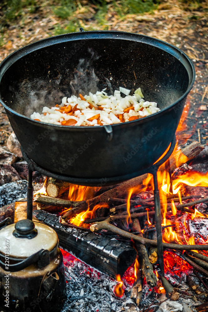 a cauldron for cooking is on the fire a cauldron for cooking is on the fire
