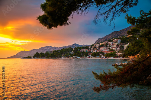sunset above Adriatic sea and coastline in Brela