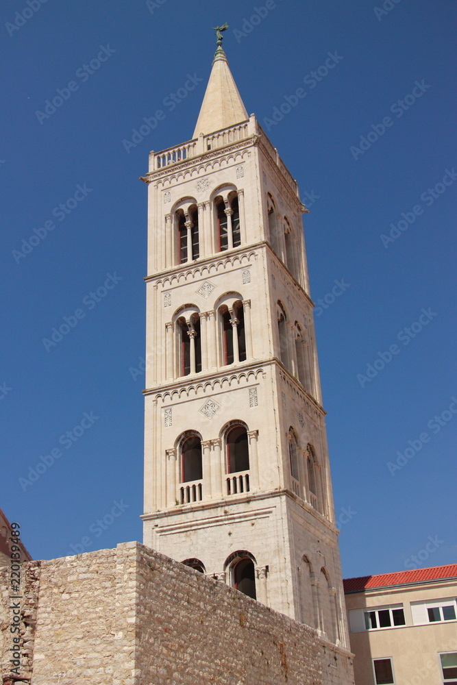 Croatia, Zadar - the historic tower of the belfry of the Cathedral of St. Anastasia built between the 15th and 19th centuries.