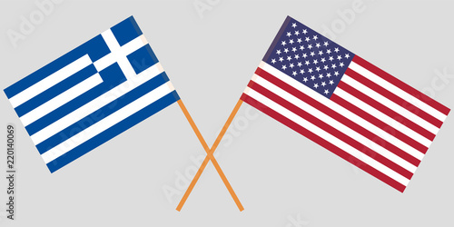 Greece and USA. Crossed Greek and American flags. Official colors. Correct proportion. Vector
