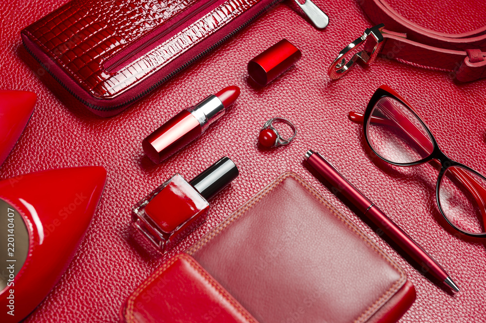 Woman red accessories, jewelry, cosmetic, shoes and other luxury objects on leather background, industry, modern female concept, selective focus Stock-foto | Adobe Stock