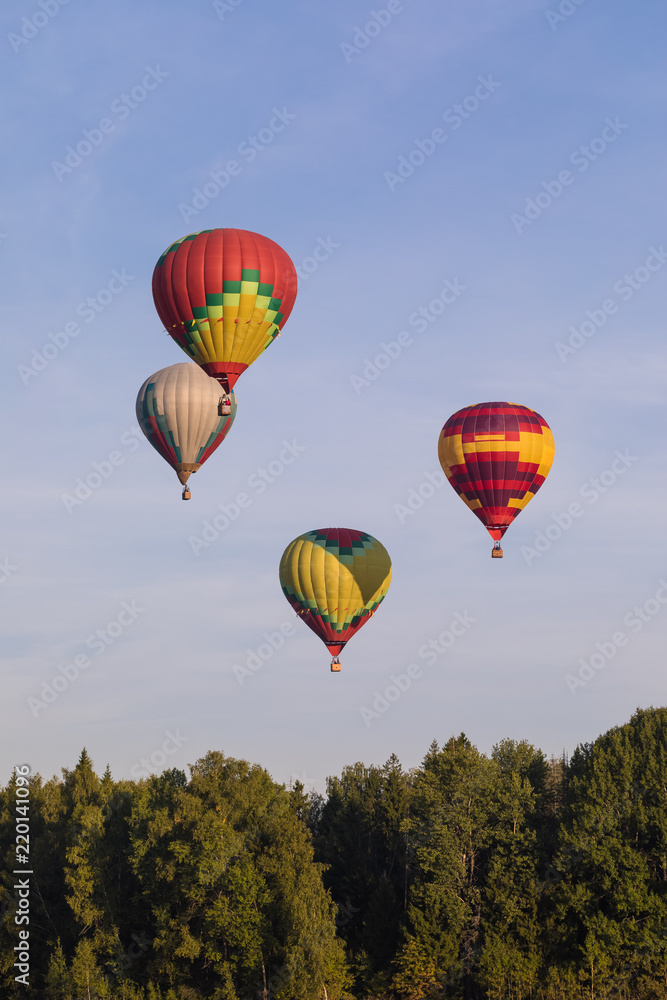 Naklejka premium Colorful hot-air balloons flying over the forest
