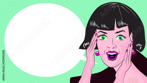 WOW bubble pop art. Surprised woman with opend mouth. Vintage comic poster with a girl. Pop Art illustration of a woman with the speech bubble. Copyspace