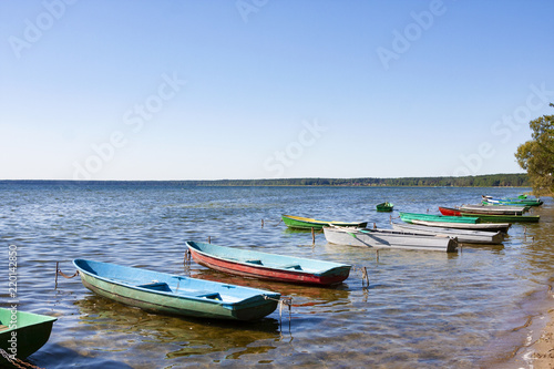 Colorful boats in summer  Naroch- largest lake in Belarus